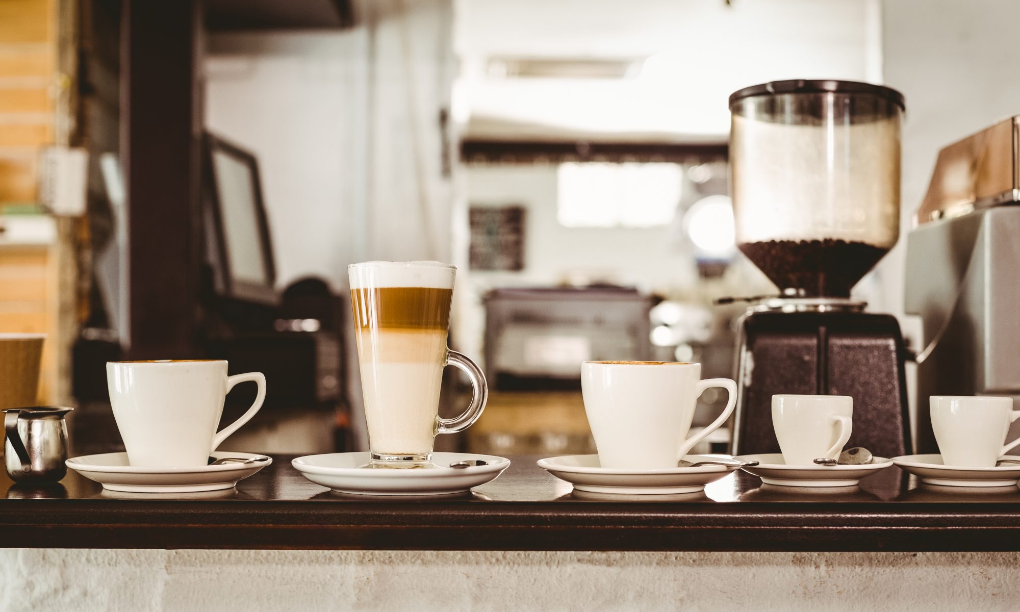Selection of coffee on the counter at the coffee shop